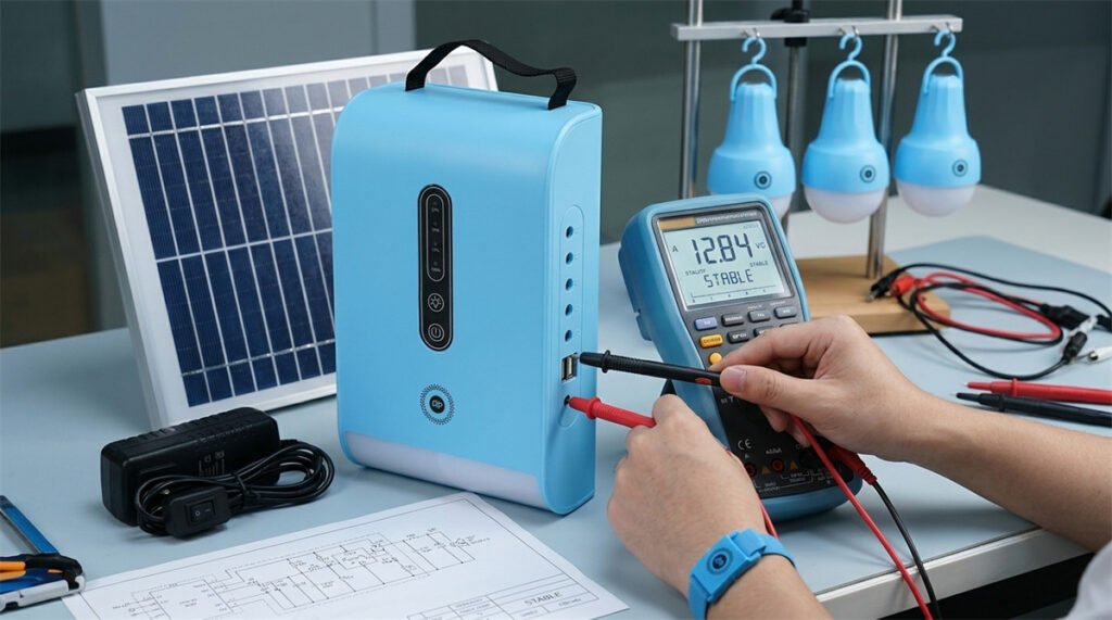 A technician uses a multimeter to verify the voltage output of multiple bulb ports on a solar lighting unit.
