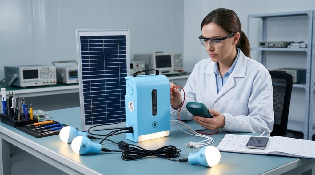 An engineer tests a complete solar lighting kit including the battery, panel, and cables on a workbench.