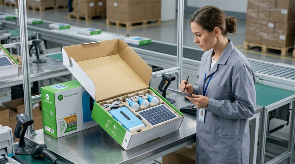A quality inspector reviews an open retail carton containing a securely packed solar panel, battery, and bulbs.