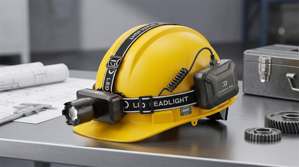 An industrial hardhat fitted with a rugged LED headlamp featuring a front light and rear battery pack.