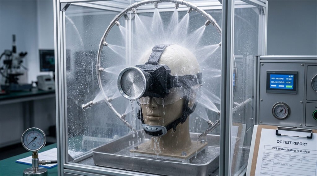 An industrial LED headlamp undergoing severe water spray testing inside a quality control laboratory.
