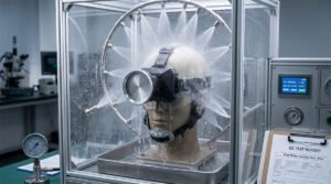 An industrial LED headlamp undergoing severe water spray testing inside a quality control laboratory.