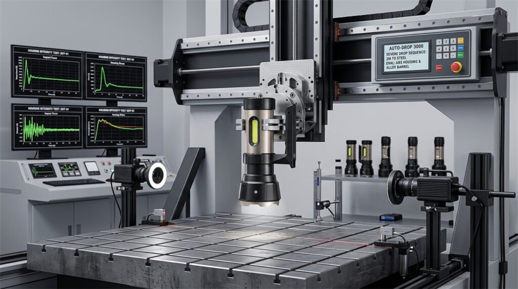 An automated testing machine drops a rechargeable searchlight to evaluate its heavy-duty ABS plastic housing.