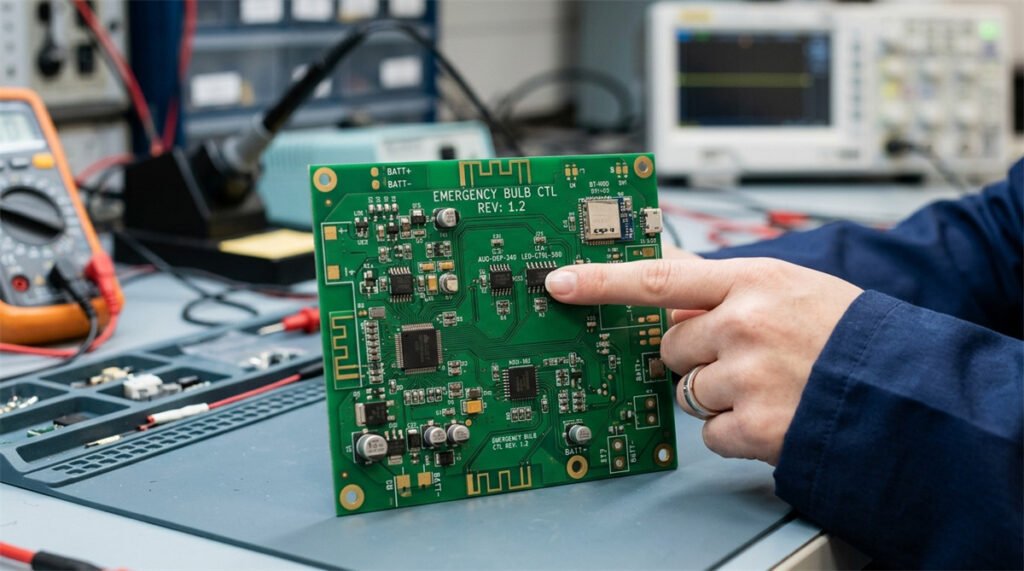 An engineer points to the independent audio and lighting integrated circuits on a wireless emergency bulb motherboard.