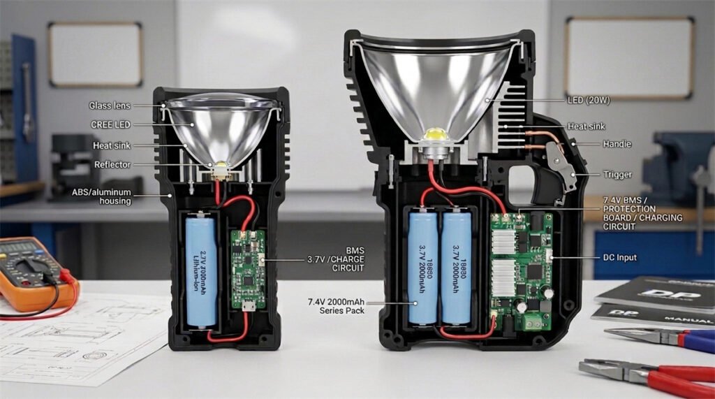 Two DP searchlight battery systems show how equal mAh ratings can store different watt-hours.