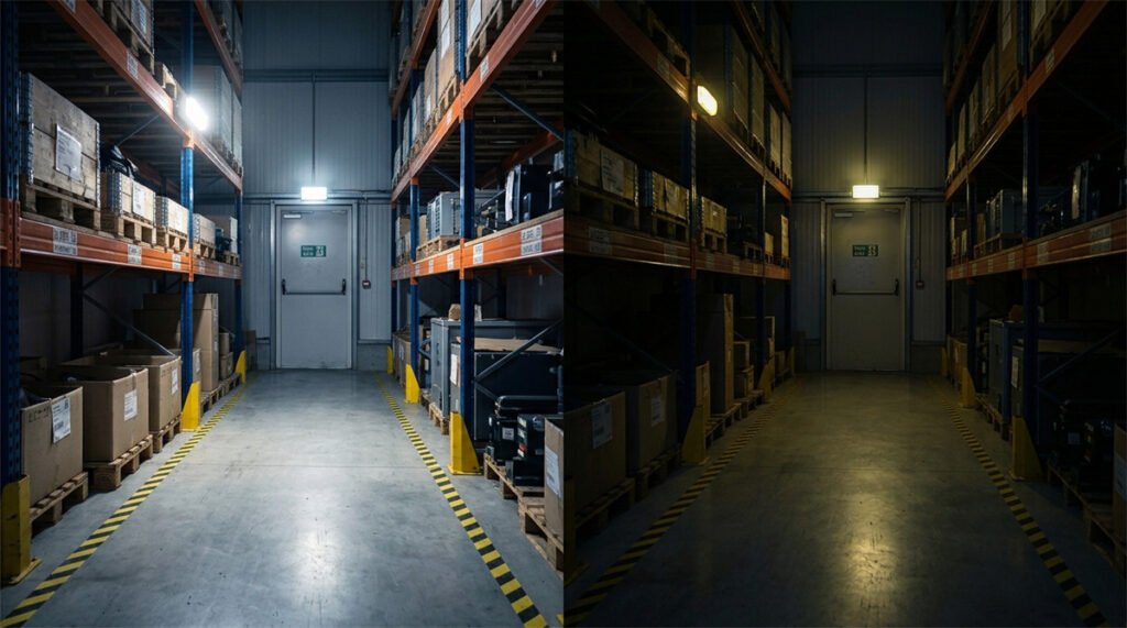 Two DP emergency lights demonstrate stable useful brightness and weak extended glow near battery depletion.