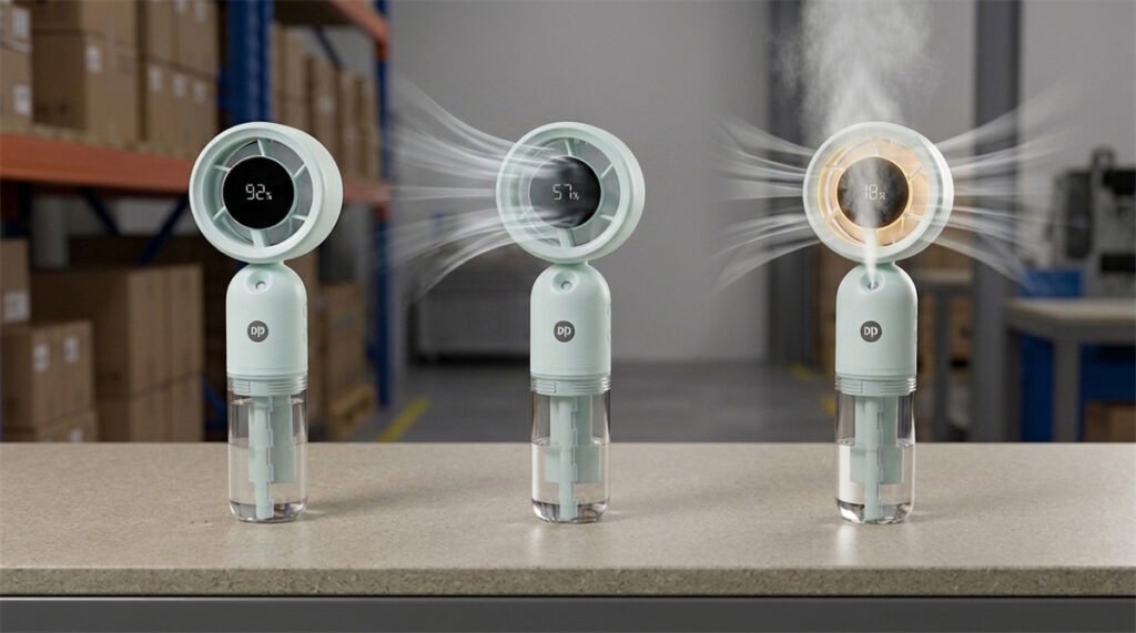Three identical DP fans show different battery use at low, high, and combined-function settings.