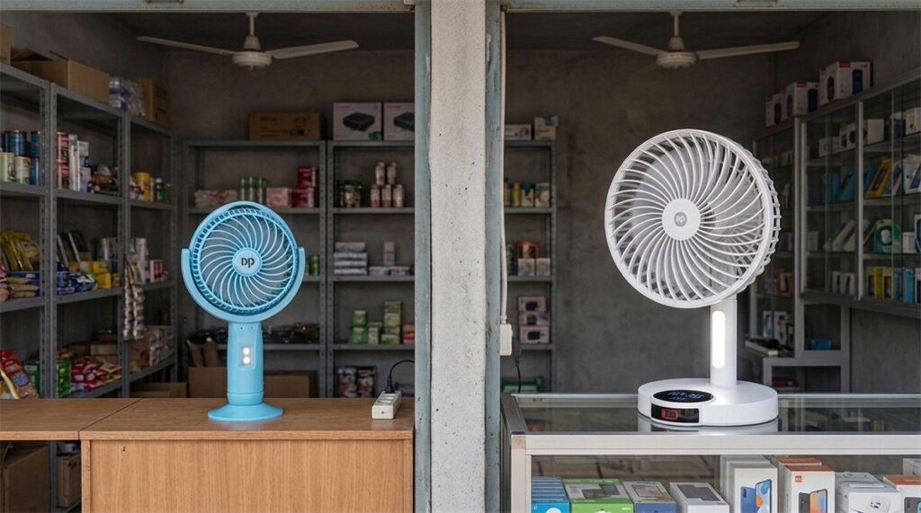 Two DP rechargeable fans with equal battery capacity deliver different runtime under different workloads.