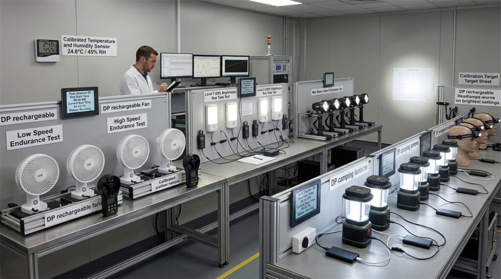 DP fans and lights undergo synchronized runtime testing under controlled operating conditions.