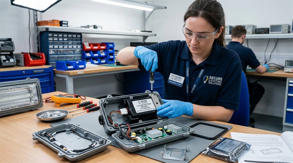 A technician replaces an internal battery pack in a serviceable emergency light.