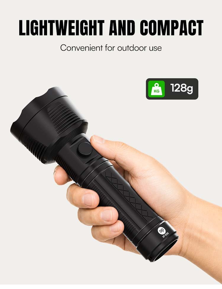 Compact LED rechargeable torch DP-9208 weighing 128g in a handheld view.