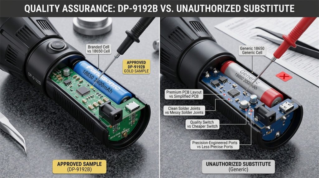 Approved and substituted battery components are compared inside two rechargeable product samples.