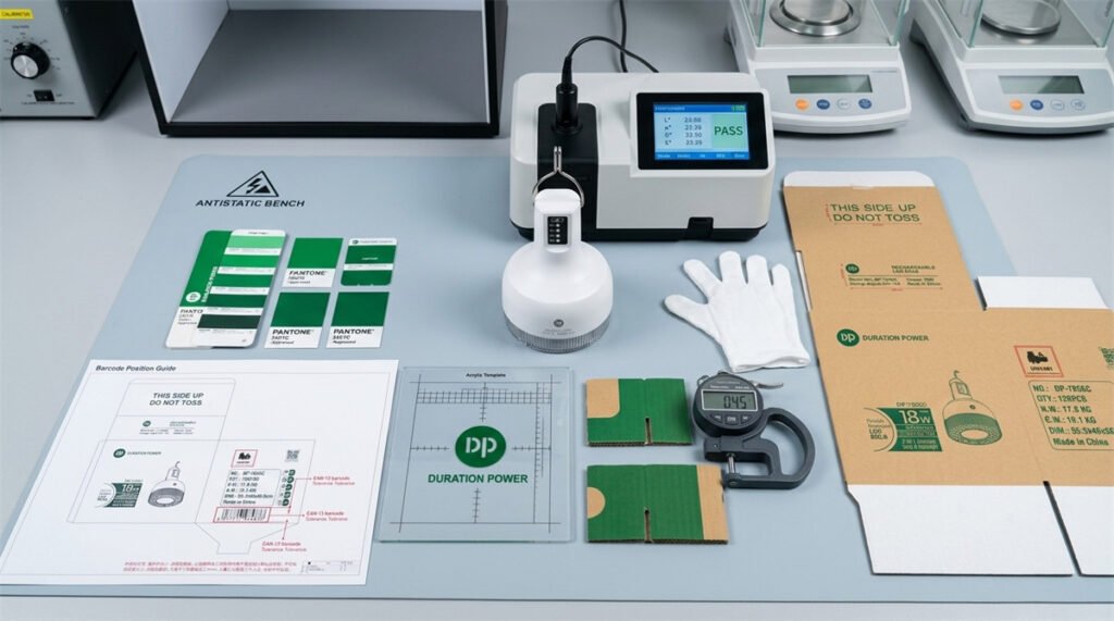 Color, logo position, carton material, and packaging details are checked against an approved sample.
