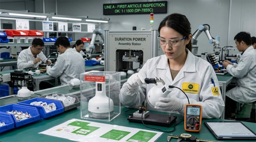 A factory inspector compares the first production unit with a sealed golden sample.