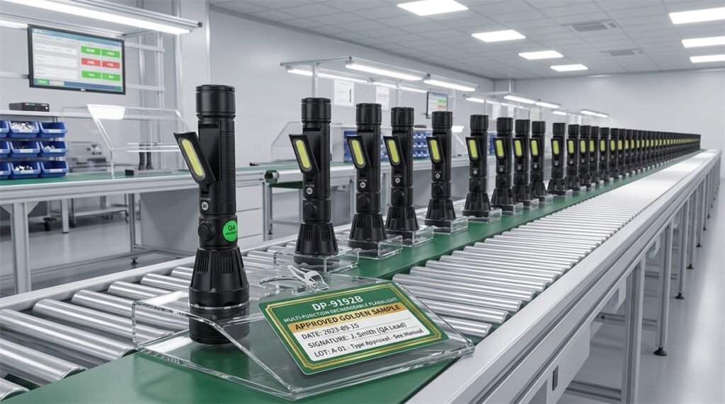 An approved golden sample stands before rows of matching rechargeable products on a production line.