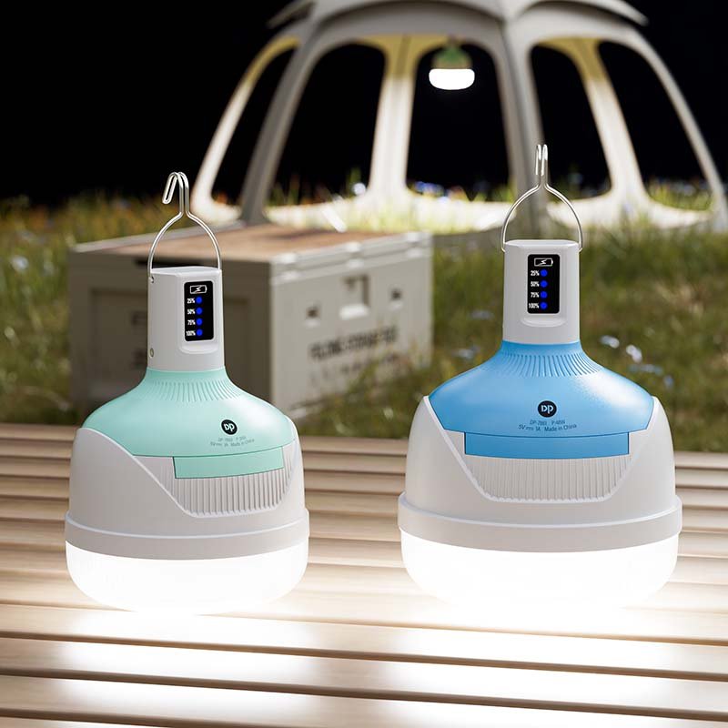 LED camping lantern 7860 and 7861 placed on a wooden table providing outdoor illumination.