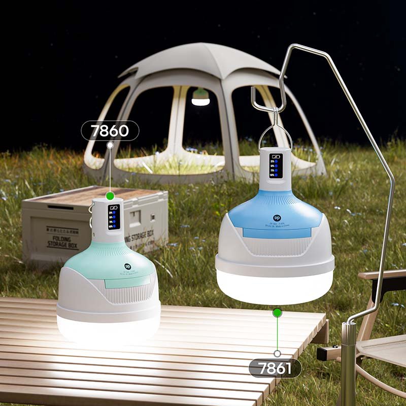LED camping lantern 7860 and 7861 models displayed in an outdoor setting with table and hanging options.
