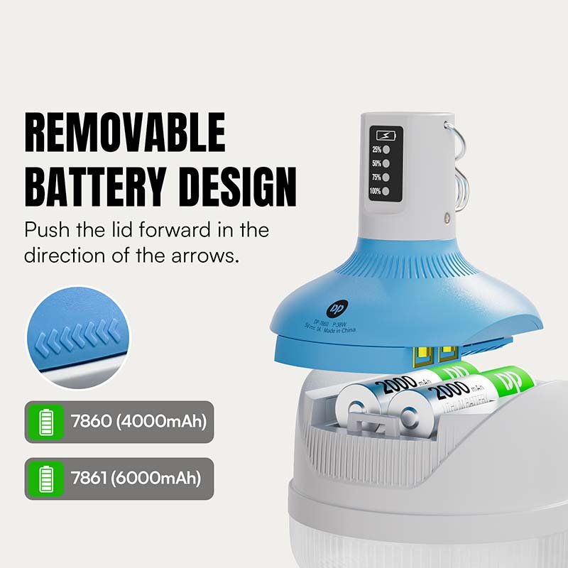 LED camping lantern 7860 and 7861 with removable battery design, featuring 4000mAh and 6000mAh capacities.