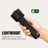 LED rechargeable flashlight DP-9208 in a handheld view with a net weight of 128g.