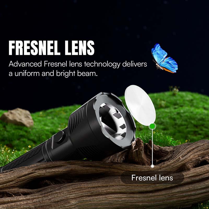 LED rechargeable flashlight DP-9208 with a Fresnel lens for uniform beam distribution.