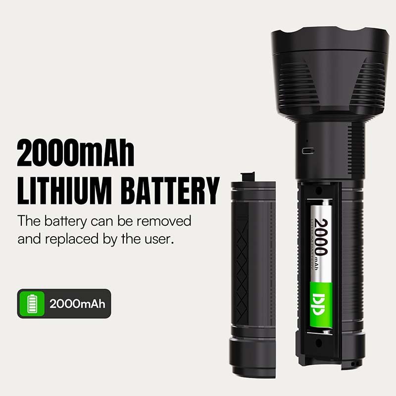 LED rechargeable flashlight DP-9208 with a removable 2000mAh lithium battery.