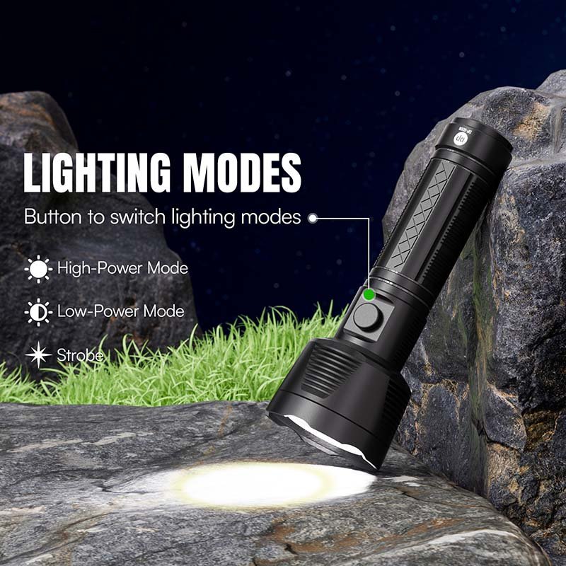 LED rechargeable flashlight DP-9208 with high, low, and strobe lighting modes.