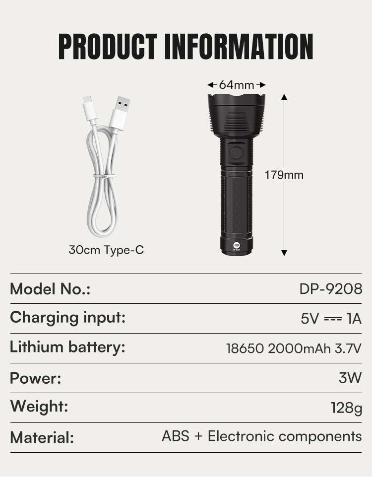 LED rechargeable torch DP-9208 with ABS body, 3W power, 2000mAh battery, 179mm length, and Type-C charging.