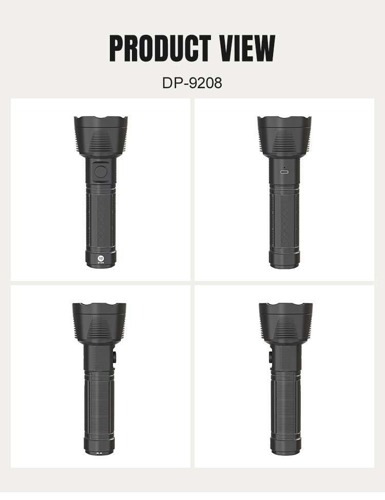 LED rechargeable torch DP-9208 shown from four angles with Type-C charging port.