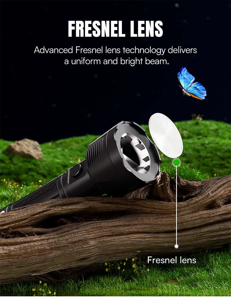 LED rechargeable torch DP-9208 with Fresnel lens for a uniform beam.