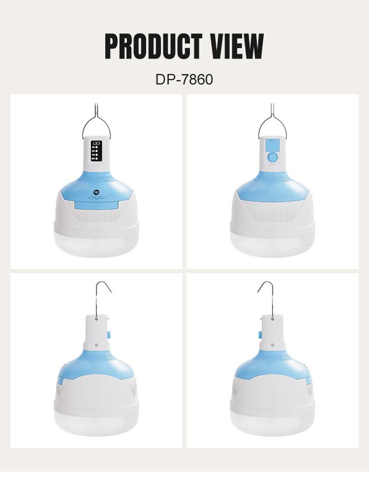 Multi-angle product view of LED bulb 7860 displaying the metal hanging hook and control button.