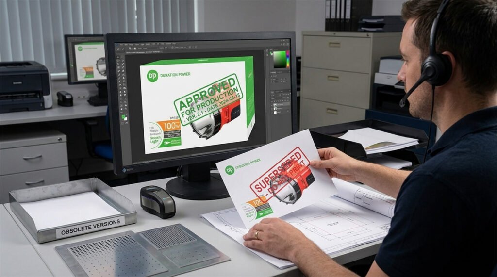 A prepress operator locks the approved packaging file while obsolete artwork is removed.