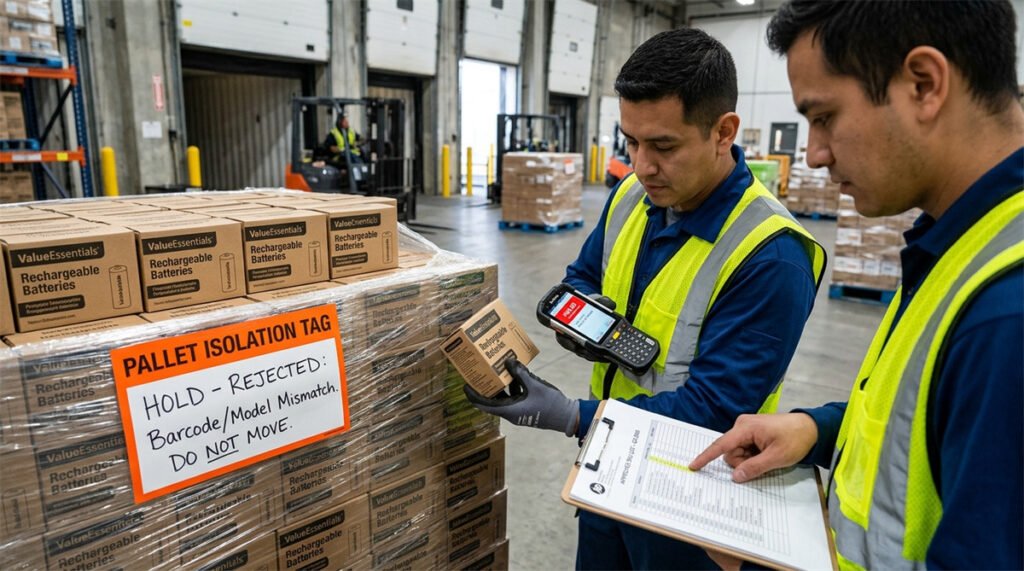 A retail receiving team holds a pallet after the box barcode fails to match the approved SKU.