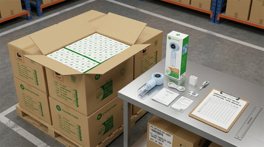 The first master carton is opened to verify quantity, accessories, labels, and shipping marks.