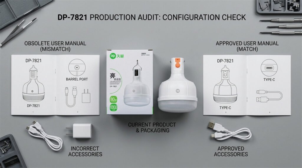Old and revised manuals are compared with the actual charging cable and product model.