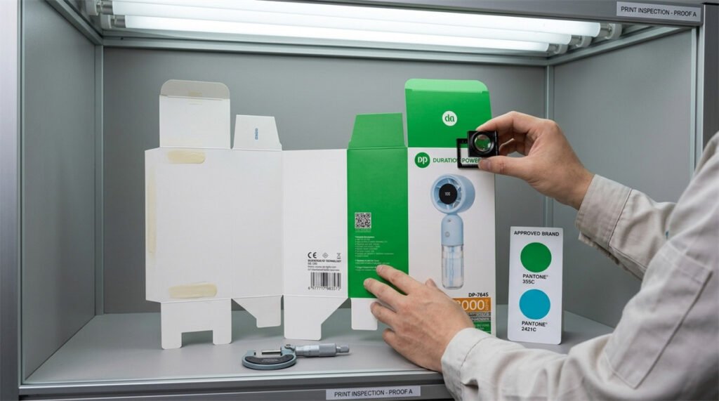 A physical color-box proof is checked for logo color, folds, lamination, and product image accuracy.