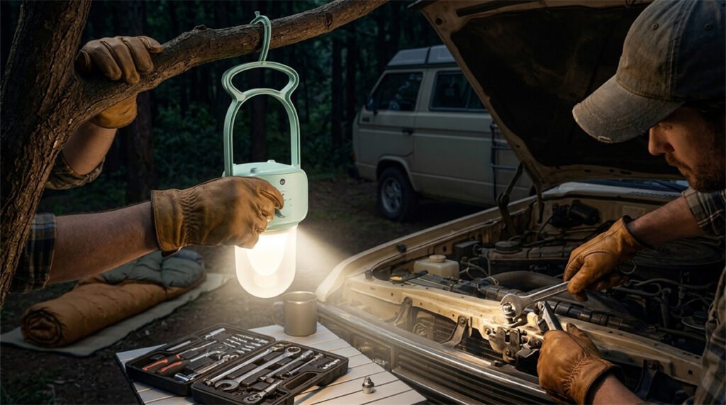A hybrid DP camping lantern provides area light and a focused beam during vehicle repair.