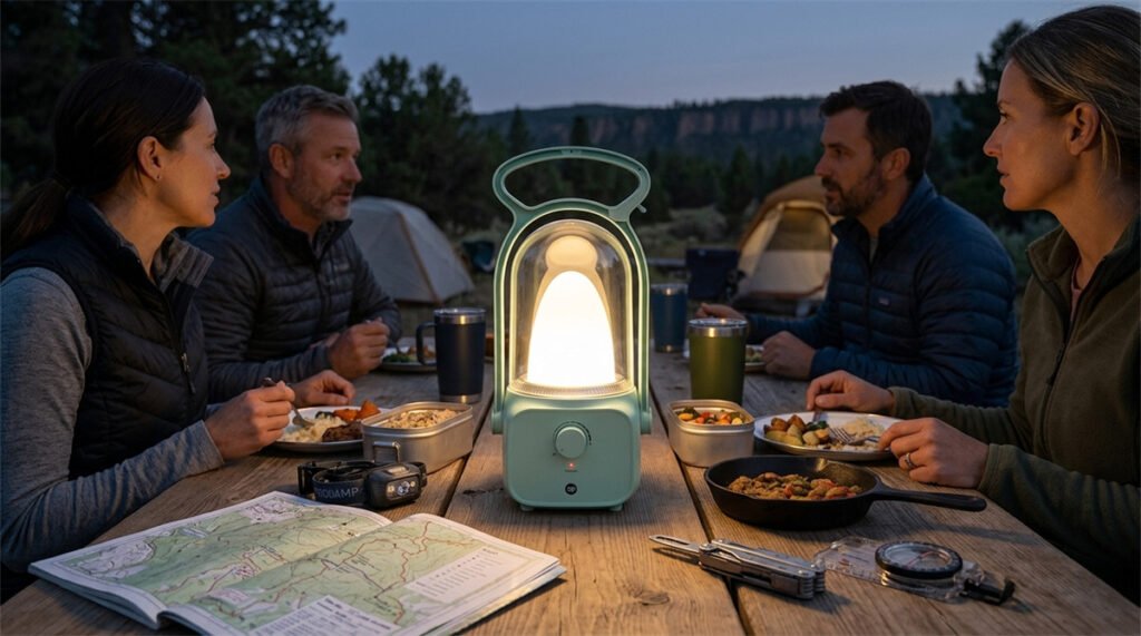 A DP camping lantern spreads even 360° light across a tent dining area without harsh glare.