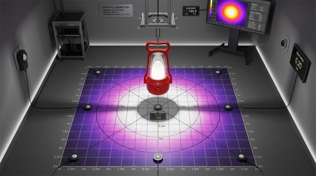 A DP camping lantern is measured across a lux grid to compare useful coverage and dark zones.
