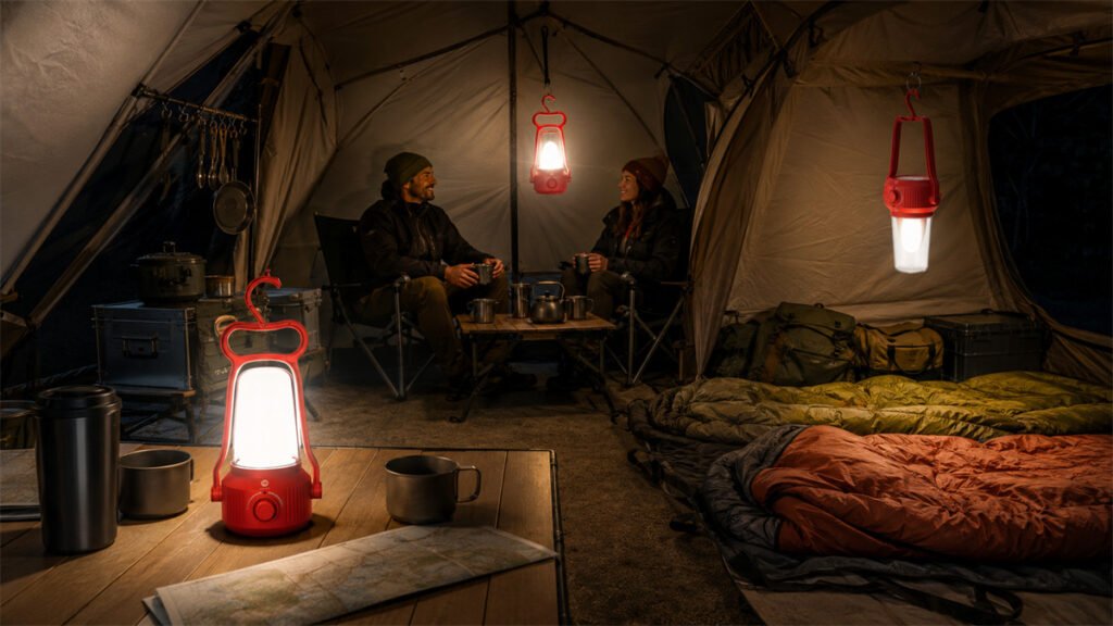 The same DP lantern produces different coverage when standing, hanging upright, and hanging inverted.