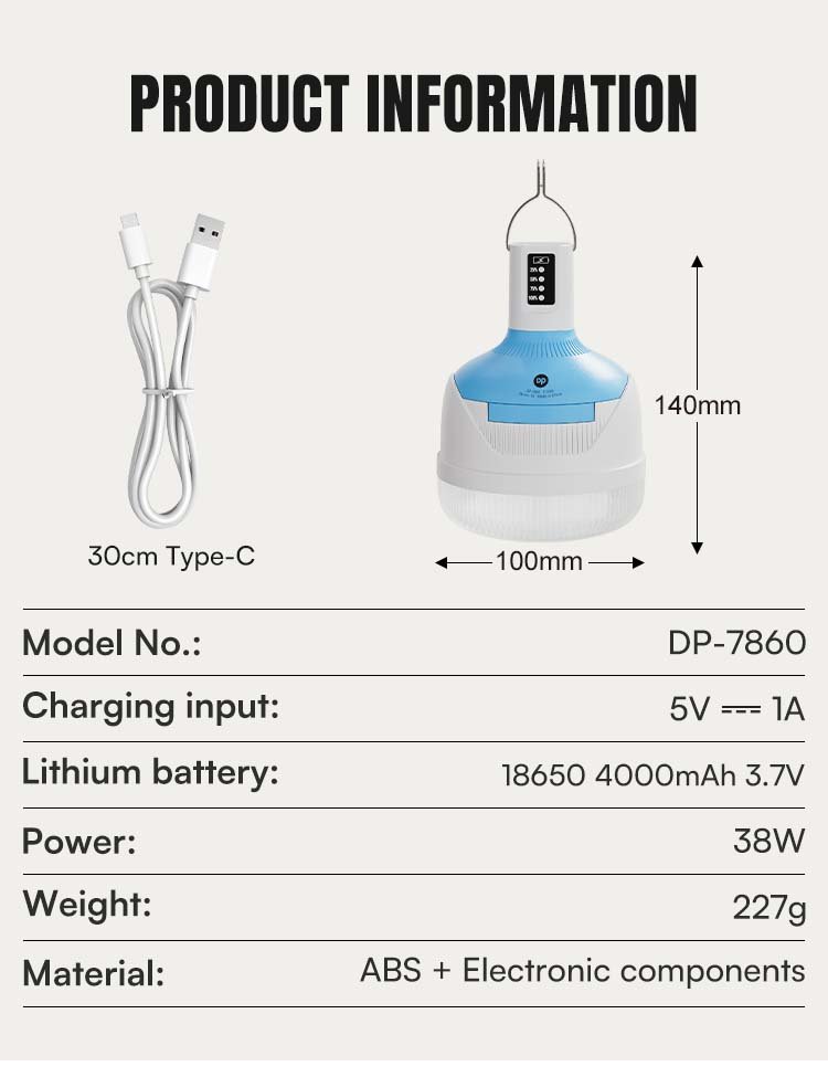 Specifications for LED bulb 7860 detailing 38W power, 4000mAh lithium battery, and ABS material.