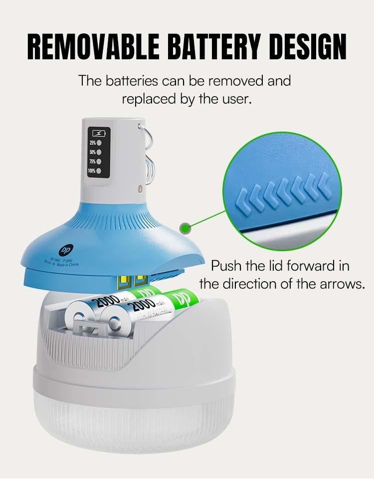 LED bulb 7860 and 7861 with a removable lid revealing 4000mAh and 6000mAh replaceable batteries.