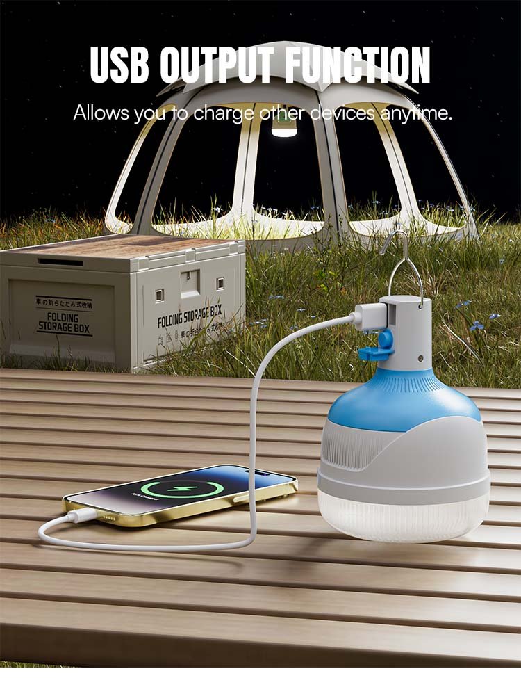 Rechargeable LED bulb 7860 and 7861 with USB output function acting as a power source for devices.