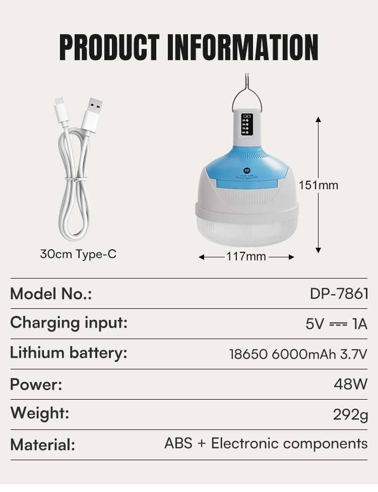 Specifications for LED bulb 7861 detailing 48W power, 6000mAh lithium battery, and ABS material.