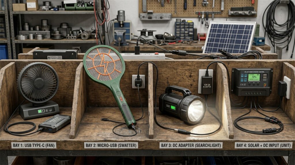 A fan, swatter, searchlight, and solar kit demonstrate Type-C, Micro-USB, DC, and solar charging.