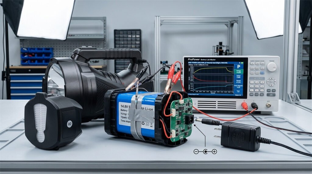 A high-capacity searchlight charges through a dedicated DC adapter matched to its battery pack.