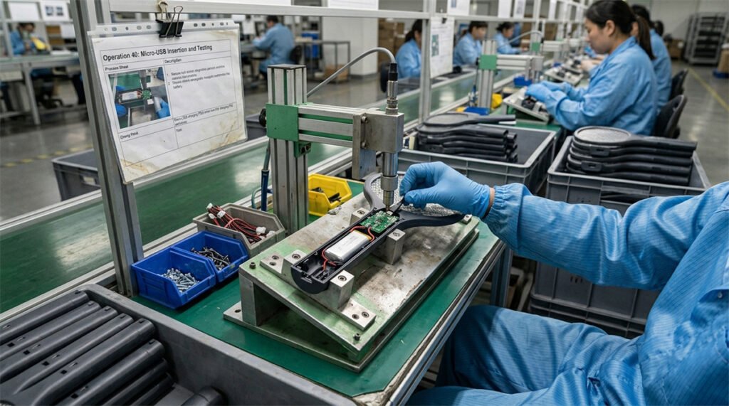 A mature Micro-USB housing, PCB, and assembly fixture show why some low-cost products retain the port.