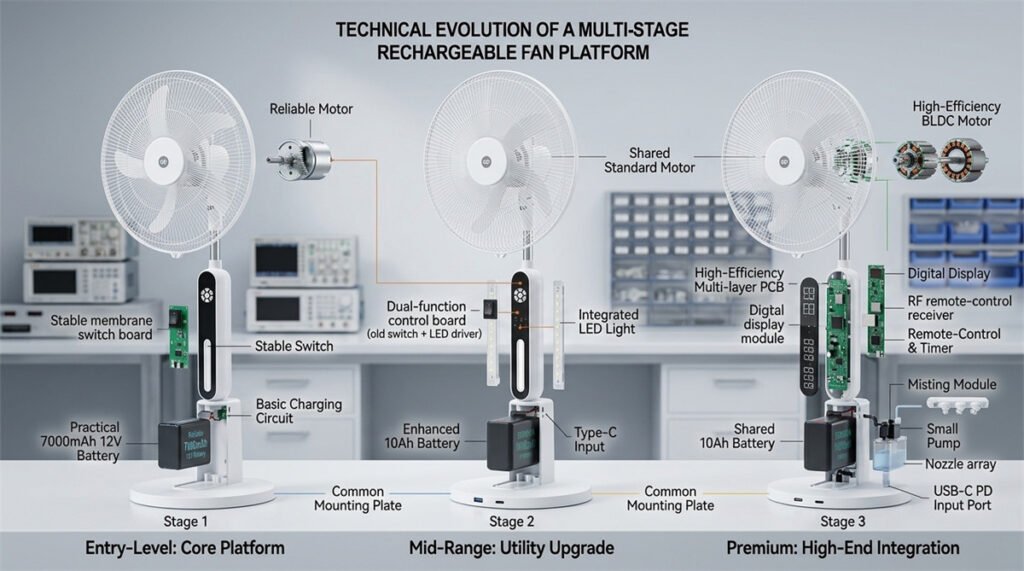A three-stage product cutaway shows reliable core parts with progressively added premium features.