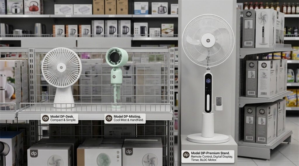 Three rechargeable fans show clear entry, mid-range, and premium differences on a retail shelf.