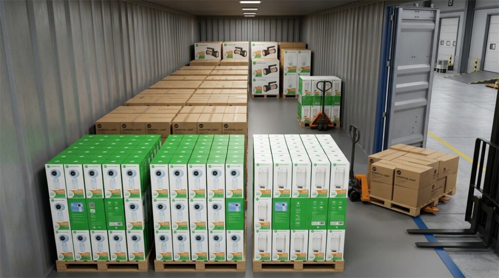 A mixed container order balances entry, mid-range, and premium rechargeable product cartons.