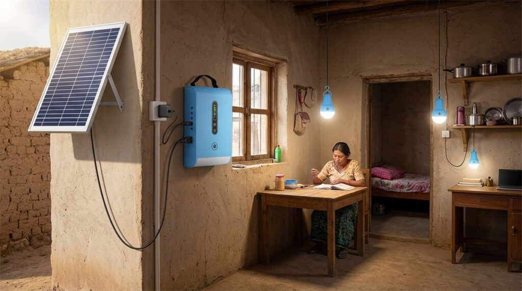 A solar lighting kit uses separate panel and adapter inputs in an off-grid home.